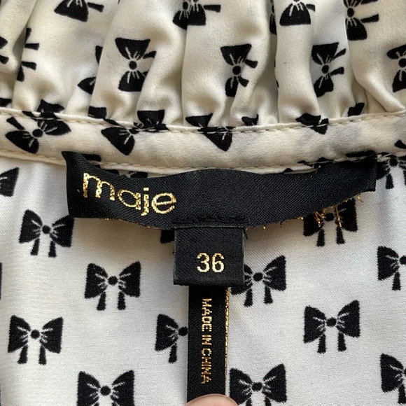 Maje Rinala Mini Dress Bow Print Size 36 Satin White Tie Neck - Picture 8 of 11